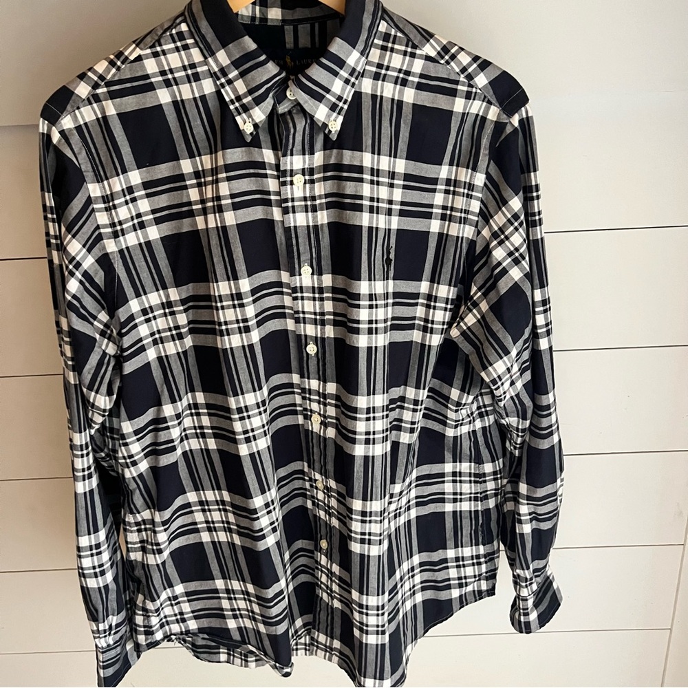 Ralph Lauren Men’s Dark Navy and White Checkered Plaid Button Down Shirt Size L
